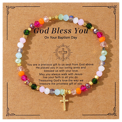 Natural Stone and Glass Faceted Rondelle Beaded Stretch Bracelets with Brass Religion Cross Charms for Women KR8721-1-1