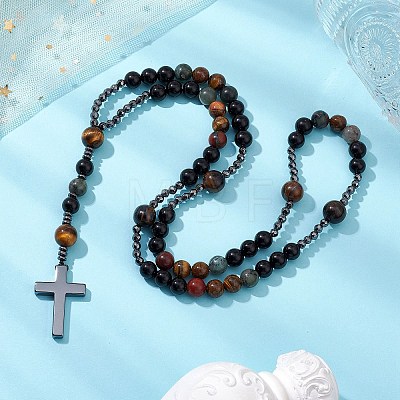 Natural Tiger Eye & Obsidian & Bloodstone Rosary Bead Necklaces NJEW-JN05114-02-1