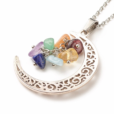 Natural Mixed Gemstone Chips Cluster with Moon Pendant Necklace NJEW-JN03867-1