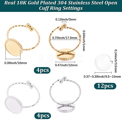 8Pcs 2 Colors 304 Stainless Steel Open Cuff Ring Component STAS-BBC0010-40-1