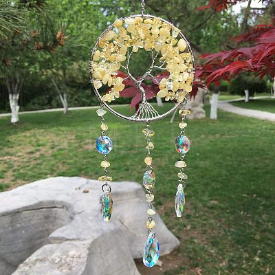 Metal Wire Wrapped Natural Citrine Chips Flat Round with Tree of Life Pendant Decorations. Hanging Suncatchers TREE-PW0003-11D-1