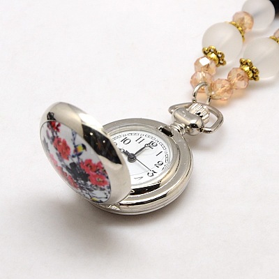 Mixed Styles Long Black Glass Beaded Openable Printed Porcelain Alloy Quartz Pocket Watch Flat Round Pendant Necklaces WACH-M037-M-1