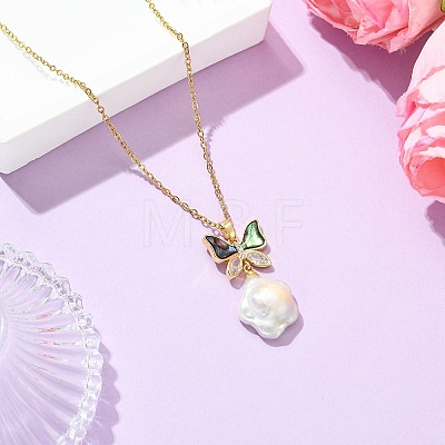 Brass Pave Clear Cubic Zirconia and Natural Abalone Shell Butterfly and Natural Baroque Keshi Pearl Flower Pendant 304 Stainless Steel Cable Chain Necklaces for Women NJEW-JN06116-1