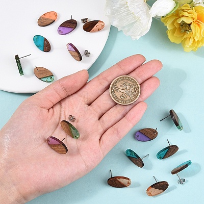 8 Pairs 4 Colors Transparent Resin with Gold Foil & Walnut Wood Stud Earring Findings MAK-CJ0001-09-1