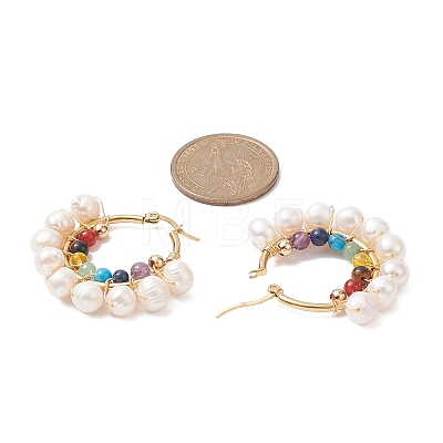 Natural & Synthetic Mixed Gemstone & Pearl Beaded Hoop Earrings EJEW-JE05233-1