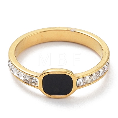 Black Enamel Rectangle Finger Ring with Rhinestone RJEW-K244-03G-1