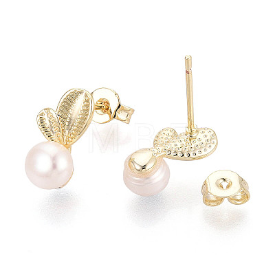 Brass & Natural Pearl Stud Earrings PEAR-N020-WX10-1