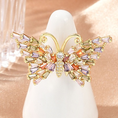 Butterfly Brass Micro Pave Colorful Cubic Zirconia Finger Rings for Women RJEW-G343-30G-01-1