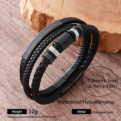 Vintage 304 Stainless Steel Braided PU Leather 3-Strand Bracelets with Magnetic Clasps for Men AW4571-2-1