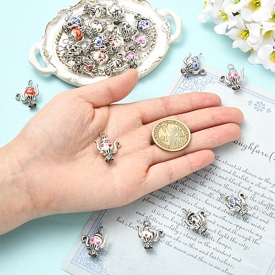 30Pcs 6 Styles Handmade Flower Printed Porcelain with Alloy Pendants PALLOY-YW00214-1