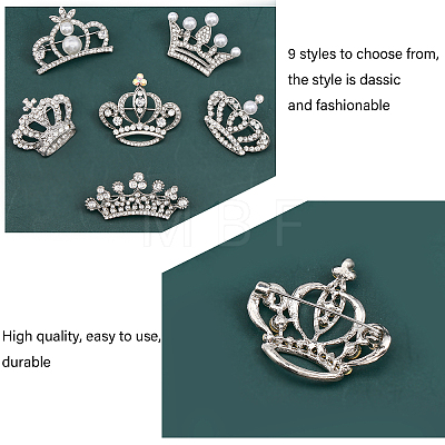 6Pcs 6 Style Crystal Rhinestone Crown Brooch Pins with Plastic Pearl Beaded JEWB-CA0001-29-1