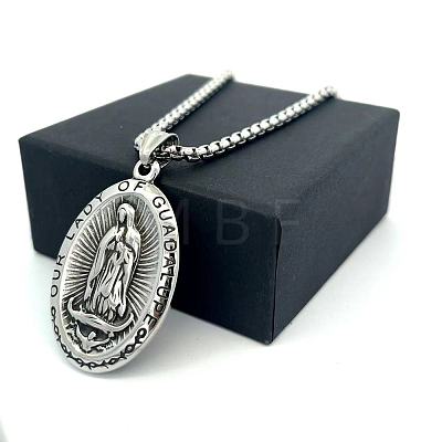 Vintage 304 Stainless Steel Oval with Emboss Virgin Pendant Box Chain Necklaces for Women AV8349-1