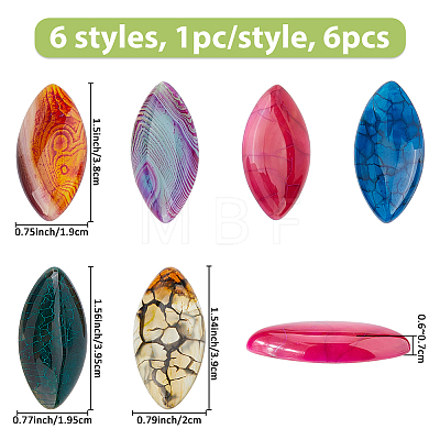 6Pcs 6 Styles Natural Crackle Agate & Brazilian Agate & Dragon Veins Agate Cabochons G-FH0002-63A-1