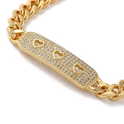 Brass Micro Pave Clear Cubic Zirconia Curved Rectangle with Hollow Heart Cuban Link Chains Bracelets for Women BJEW-M322-03G-A-1