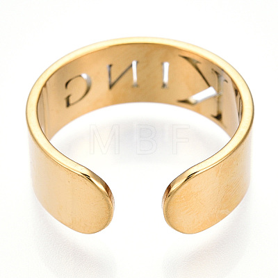 Ion Plating(IP) 304 Stainless Steel Word King Open Cuff Ring for Women RJEW-T027-09G-1