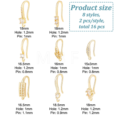 8 Pairs 8 Styles Brass Micro Pave Clear Cubic Zirconia Earring Hooks ZIRC-BC0001-25-1