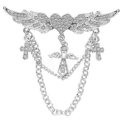 Heart with Angel Wings Alloy Full Crystal Rhinestone Hanging Chain Brooch LS-PW-WGB7AF1-02-1