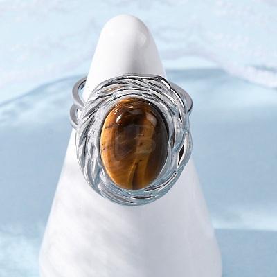 Oval Natural Tiger Eye Finger Rings RJEW-M063-01P-13-1