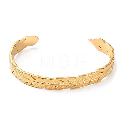 304 Stainless Steel Feather Shape Cuff Bangles BJEW-F457-24G-1
