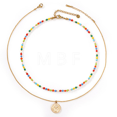 Boho Brass Crystal Rhinestone Religion Virgin Pendant Rainbow Glass Seed Beaded Double Layer Necklaces with Stainless Steel Paperclip Chains EI6810-1-1