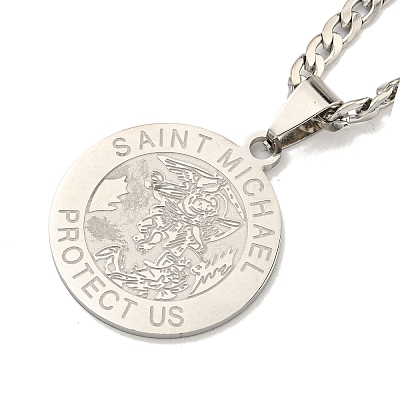 Non-Tarnish Flat Round with Saint Miller Archangel Pendant Necklaces NJEW-S422-03P-1