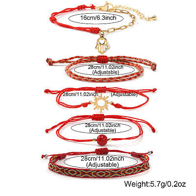 5Pcs 5 Styles Braided Nylon Thread Bracelet & 304 Stainless Steel Link & Charm Bracelets & Glass & Seed Bead Braided Bead Bracelet Set for Women KZ3324-6-1