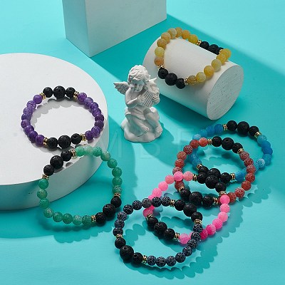7Pcs 7 Style Natural Agate(Dyed & Heated) & Weathered Agate(Dyed) & Lava Rock Round Beaded Stretch Bracelets BJEW-JB08957-1