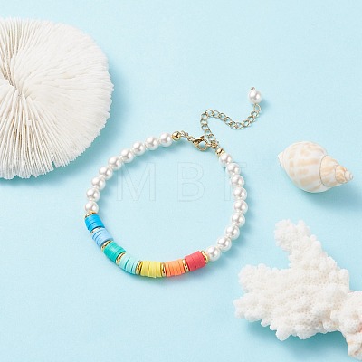 Round Shell Pearl & Polymer Clay Heishi Beaded Bracelet for Women BJEW-TA00047-1