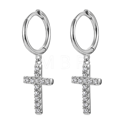 Anti-Tarnish Rhodium Plated 925 Sterling Silver Micro Pave Cubic Zirconia Dangle Hoop Earrings BH8612-2-1