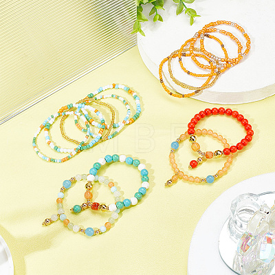   2 Sets 2 Style Natural Dyed Malaysia Jade & Agate & Glass Seed Beaded Stretch Bracelets Set BJEW-PH0004-29-1