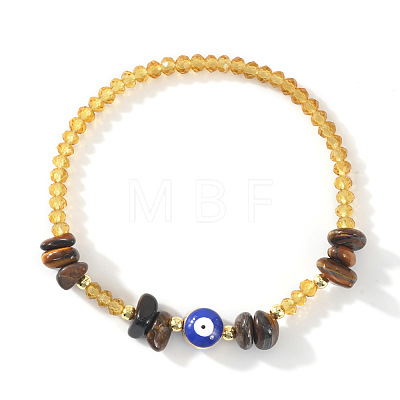 Natural Tiger Eye Chip & Brass Evil Eye & Glass Beaded Stretch Bracelets for Daily Wear PI9480-1-1