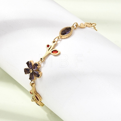 304 Stainless Steel Glass Flower Leaf Link Chain Bracelets SA-CBAF6AD-15G-1