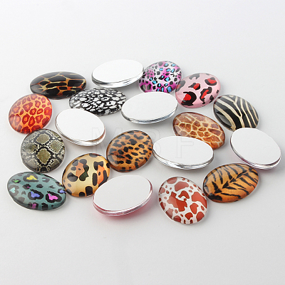 Leopard Print Theme Ornaments Decorations Glass Oval Flatback Cabochons GGLA-A003-18x25-GG-1