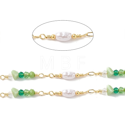 Brass Glass Bead Link Chains with ABS Imitation Pearl Beads CHS-P016-39G-02-1