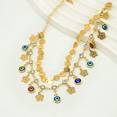 Bohemian Brass Round Coin Evil Eye Tassel 2-Strand Anklets for Women BL2252-1