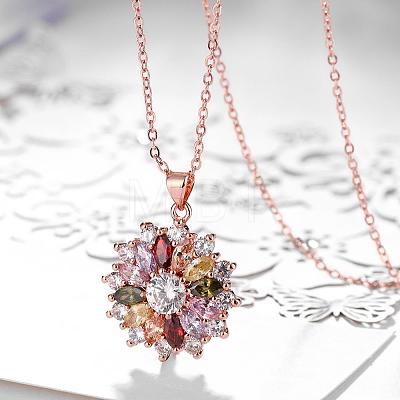 Real Rose Gold Plated Brass Cubic Zirconia Flower Pendant Necklaces NJEW-BB04540-1