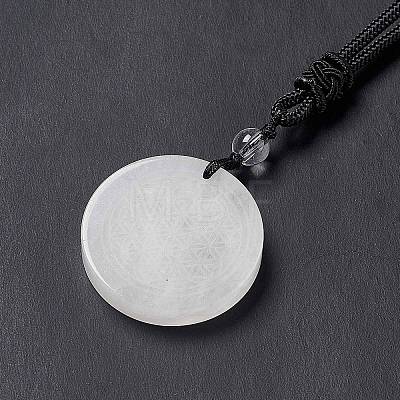 Natural Quartz Crystal Flat Round with Flower of Life Pendant Necklace with Nylon Cord for Women NJEW-P274-02-07-1