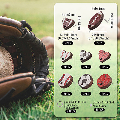 16Pcs 8 Style Baseball & Oval with Rugby & Heart Wood Stud Earring Findings WOOD-TA0001-95-1