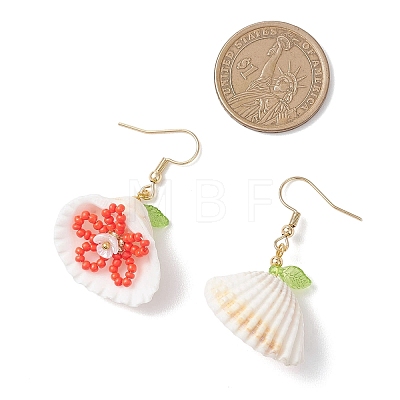 Glass Seed & Clam Shell & Resin Imitation Pearl Woven Dangle Earrings EJEW-MZ00659-1