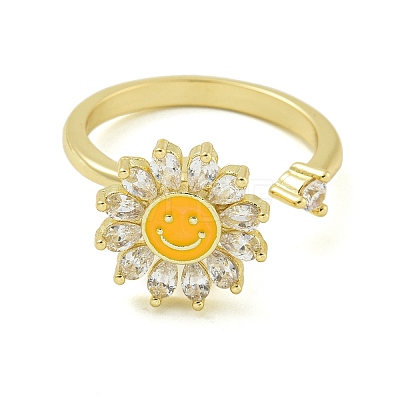 Sunflower with Smiling Face Enamel Rotatable Cuff Rings for Women RJEW-M016-07G-1