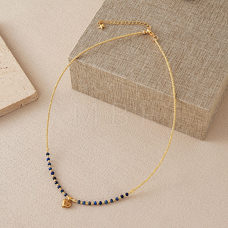 Stainless Steel Heart Pendant Faceted Round Natural Lapis Lazuli with Miyuki Beaded Necklaces LS-UF0843-1-1