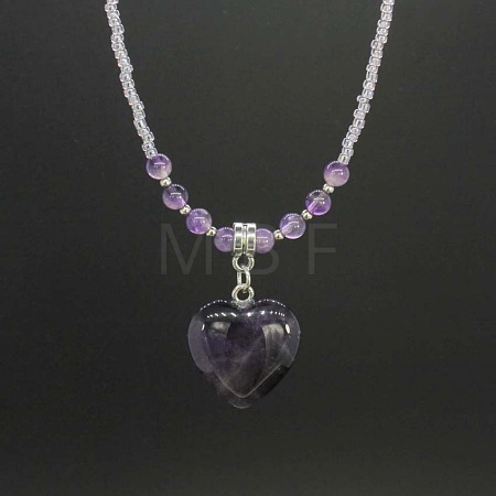 Natural Gemstone Heart Pendant Colorful Glass Seed Beads Beaded Necklaces for Women VA8487-1-1