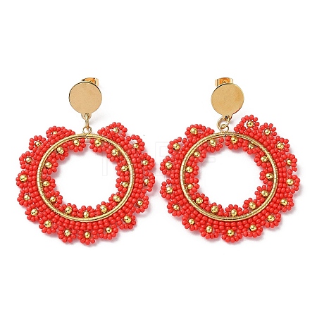 Woven Glass & Brass Beaded Donut Dangle Stud Earrings EJEW-A105-05G-02-1