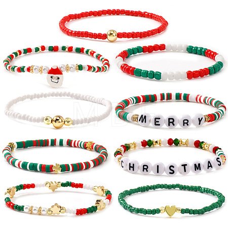 9Pcs 9 Styles Christmas Glass Seed Beaded & Polymer Clay Heishi Beads Stretch Bracelets for Women OT9576-1-1