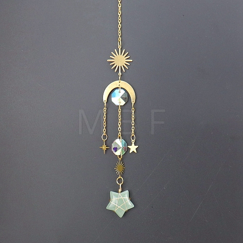 Natural Green Aventurine Star Sun Catcher Hanging Ornaments with Brass Sun HJEW-PW0002-13G-1