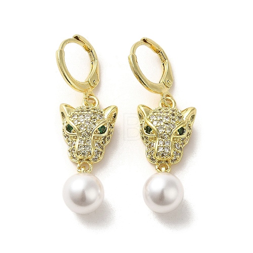 Leopard Head Real 18K Gold Plated Brass Micro Pave Cubic Zirconia Dangle Leverback Earrings EJEW-Q797-14B-1